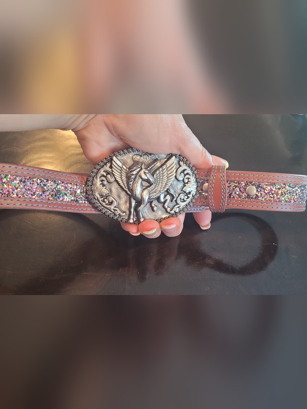 Shyanne Kids Glitter Pink Brown Belt with Pegasus Buckle